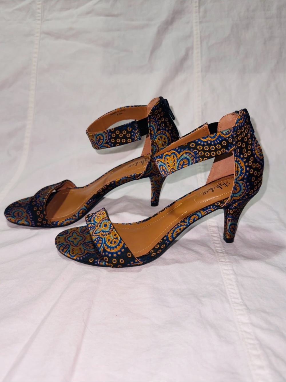 Ankle-Strap Paisley Heels in Navy and Gold